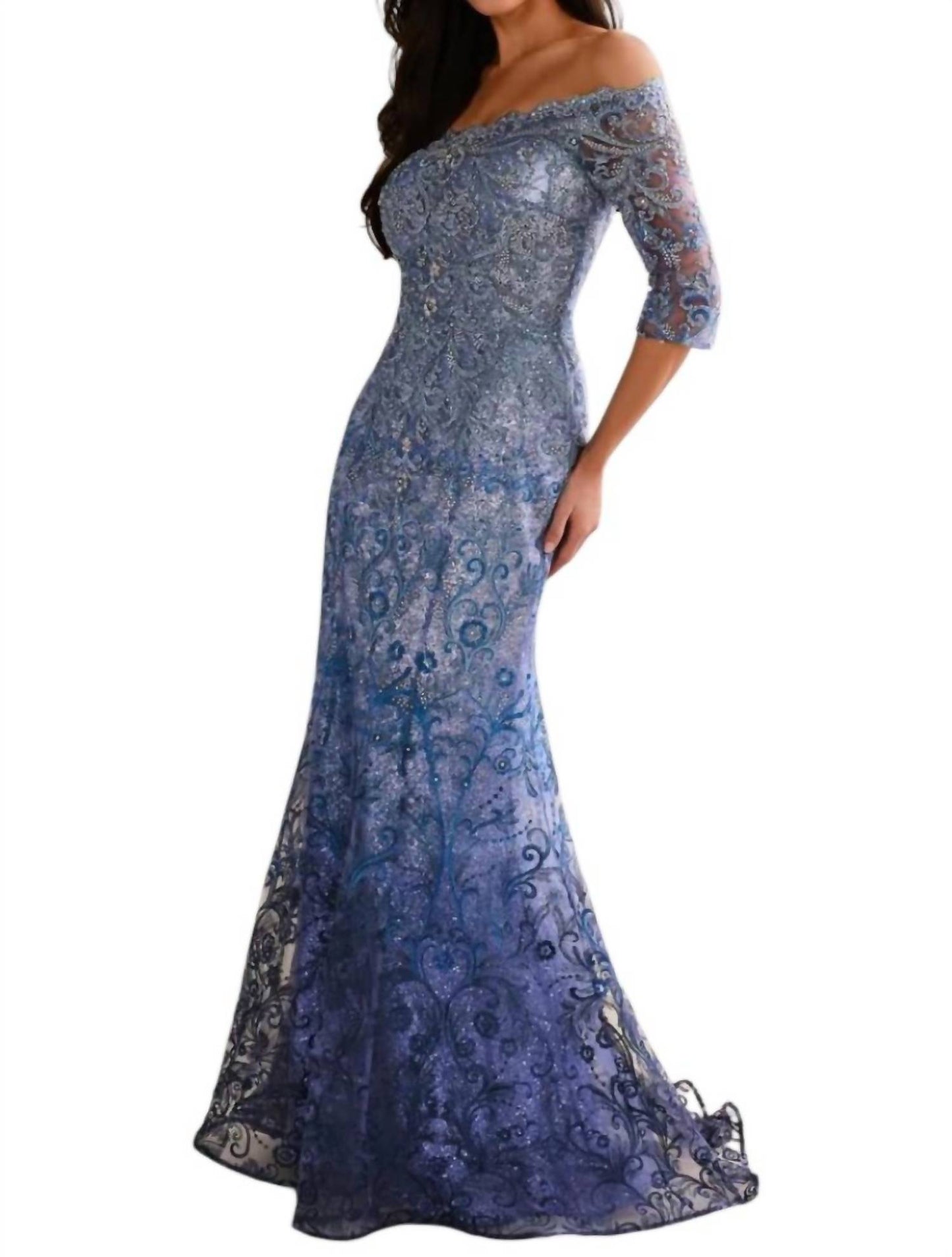 Ivonne D Off-the-shoulder Three Quarters Sleeve Gown