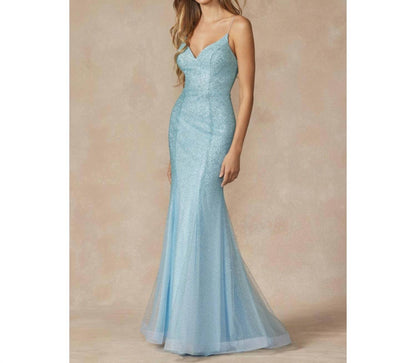 Glitter Mesh Fitted Evening Prom Gown