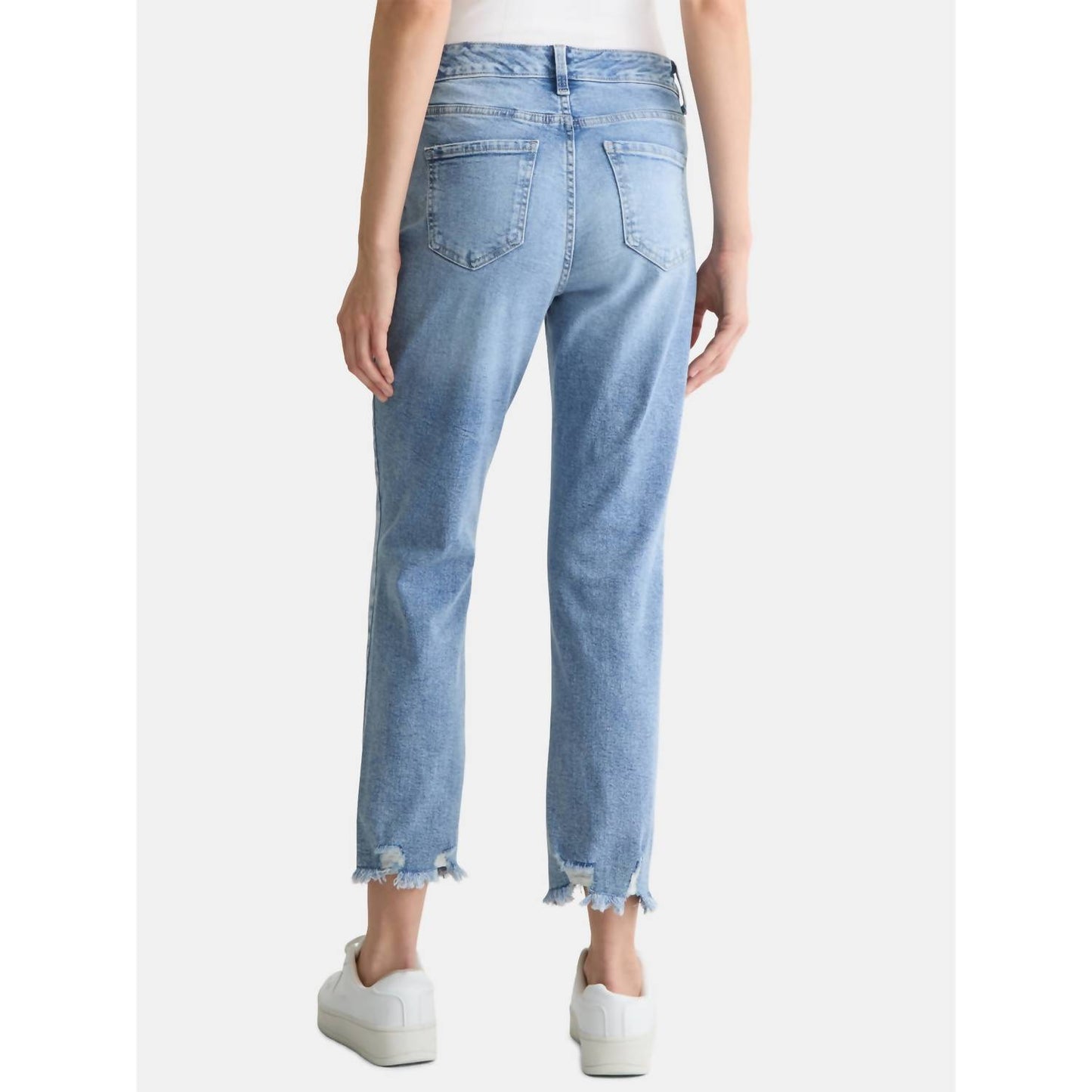 High Rise Straight Leg Destructed Hem Jeans