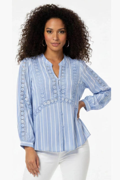 Striped Lace-detail Split Neck Blouse
