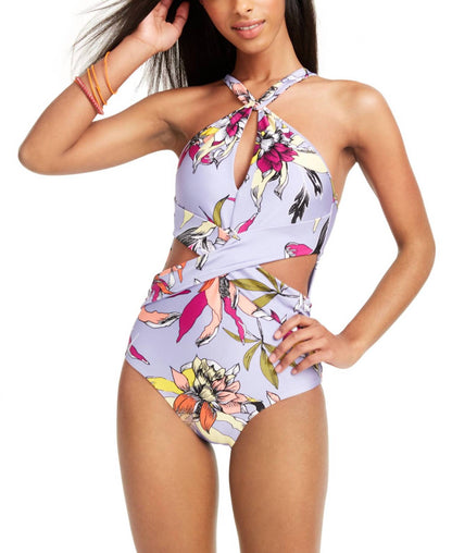Printed High-neck Cutout One-piece Swimsuit