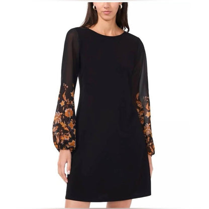 Round-neck Contrast Long Sleeve Shift Mini Dress - Plus