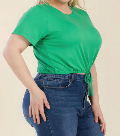 Tie Front Drawstring Short Sleeve Crop Top - Plus