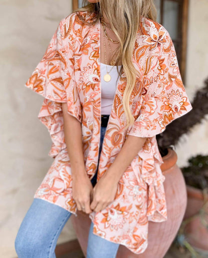 Floral Ruffle Sleeve Kimono