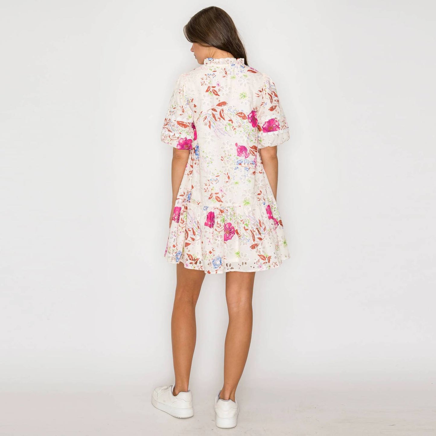 Pink Flower Print Eyelet Mini Dress