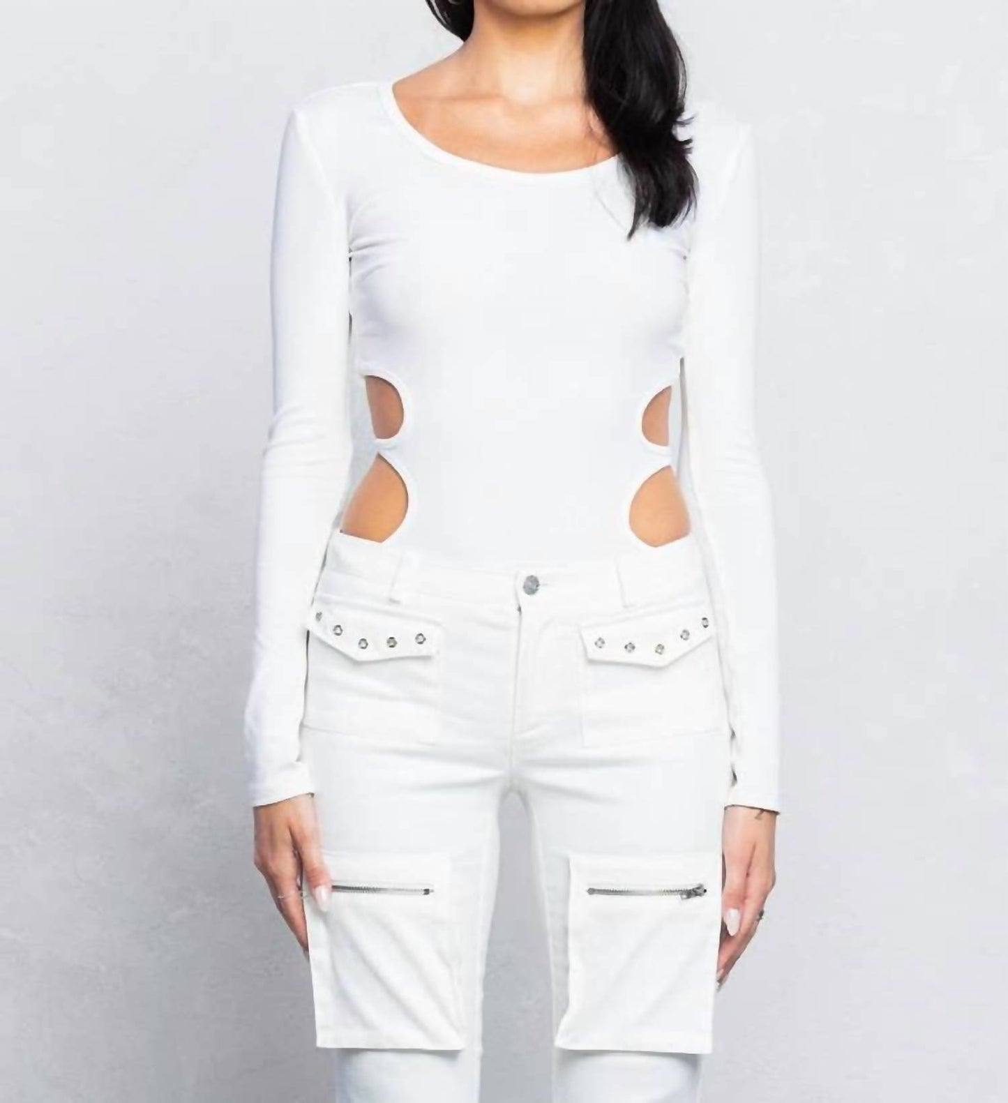 Cut Out Back Side Long Sleeves Bodysuit