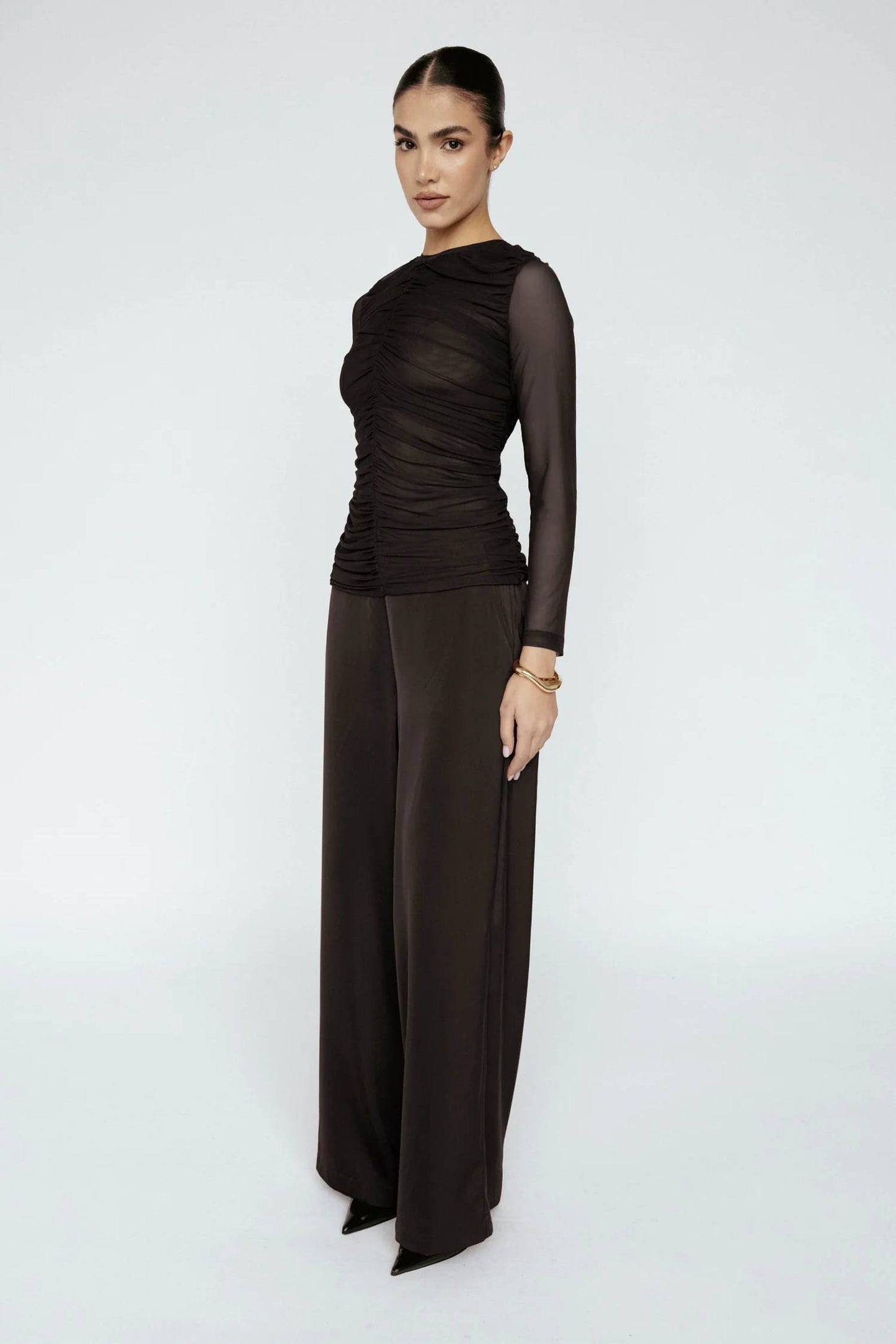 Ruched Mesh Long Sleeve Top