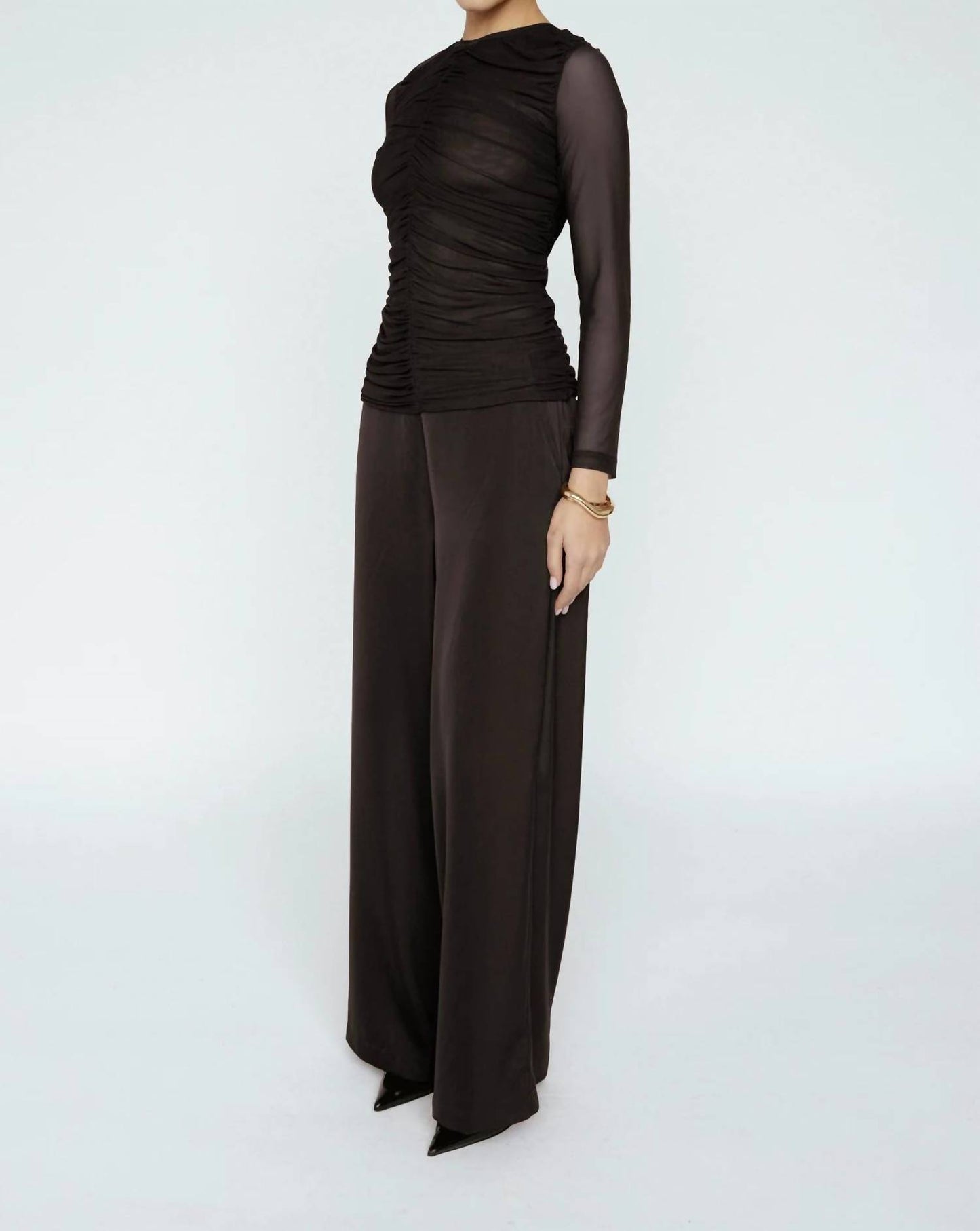 Ruched Mesh Long Sleeve Top