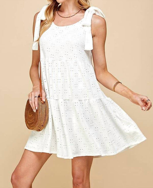 Ribbon Tie Eyelet Tiered Mini Dress
