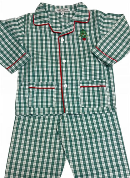 Muguet Collection - Boy's Christmas Tree Embroidered Plaid Pajama Set - Rack Hunt