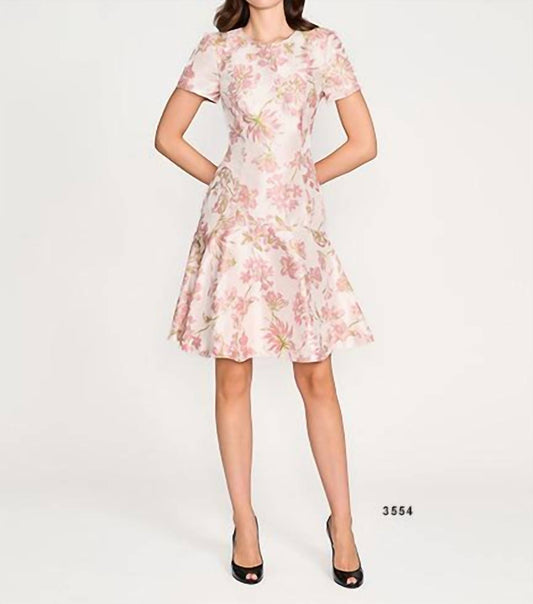 Floral Jacquard Short Sleeve Flare Hem Cocktail Dress