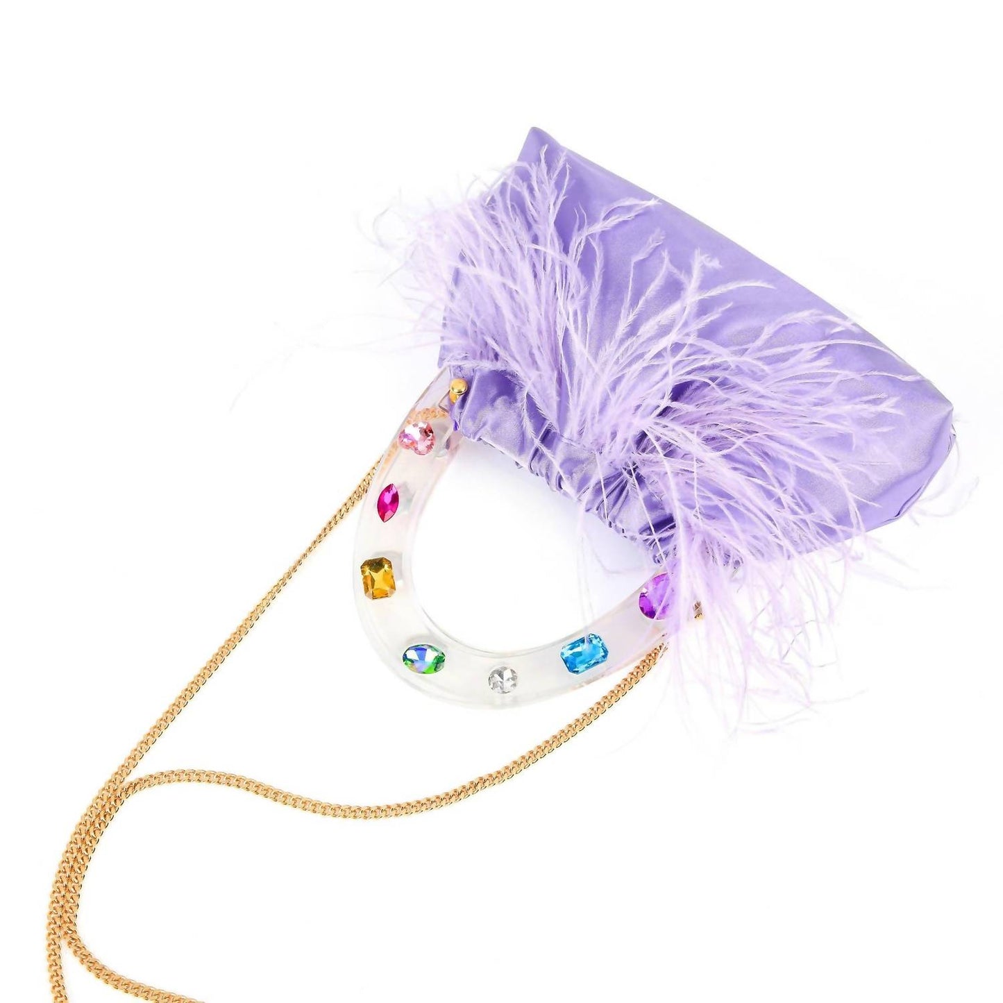 Women's Colorful Gem Handle Embellished Feather Bag