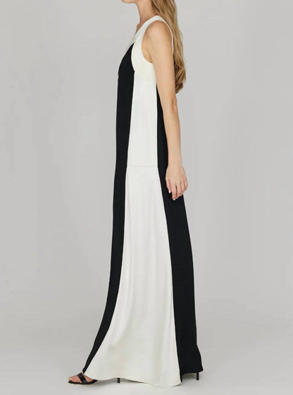 Satin V Neck Gown with Contrast Panels