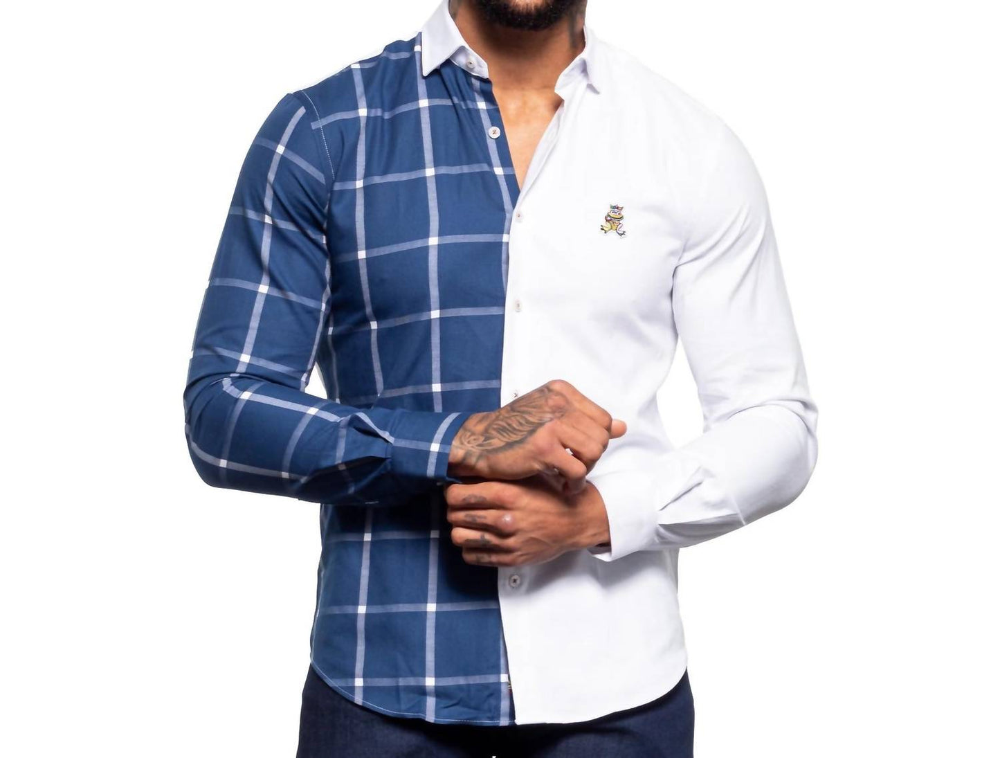 Part Plaid Frog Oxford Button Down Shirt