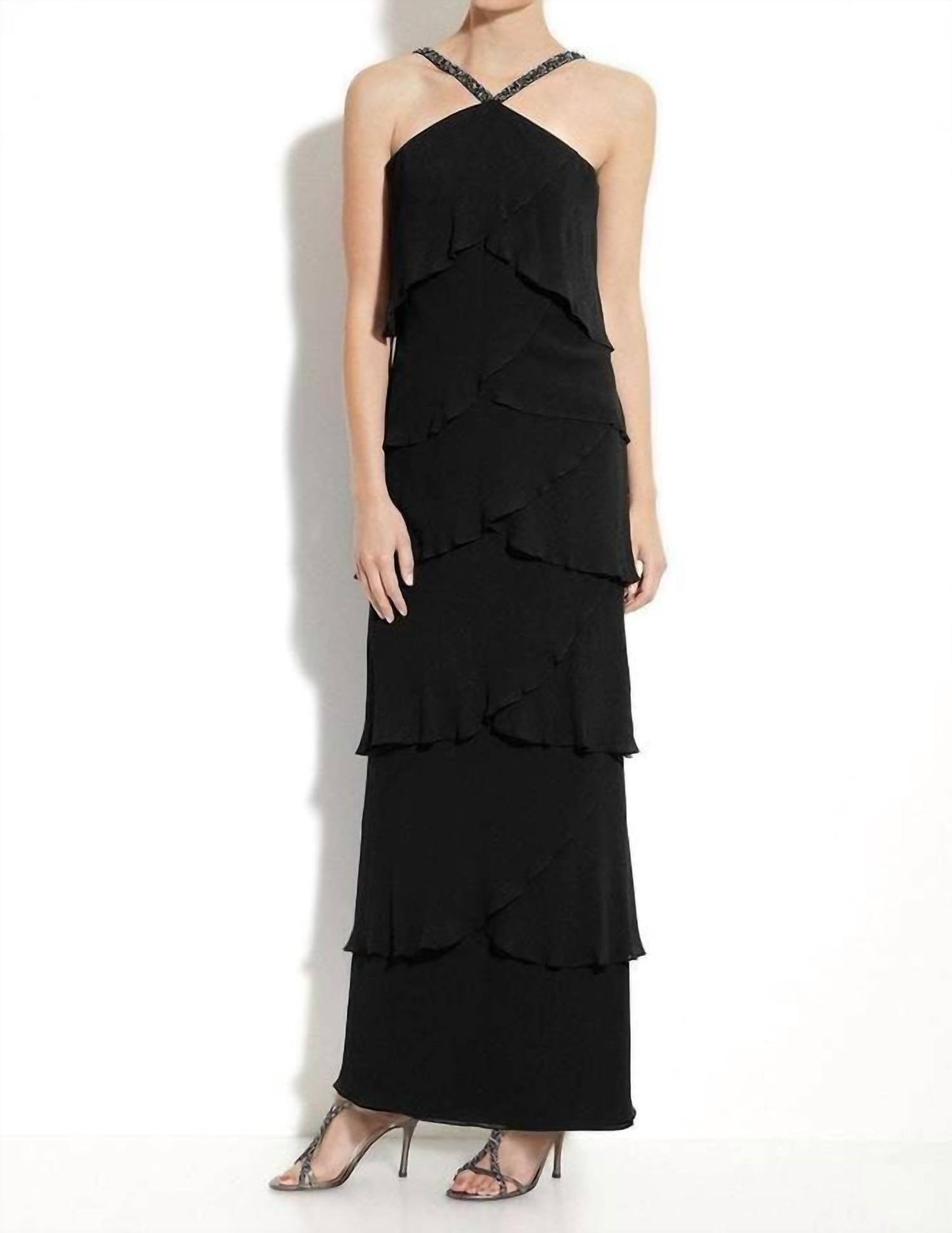 Tiered Chiffon Beaded Halter Neck Gown