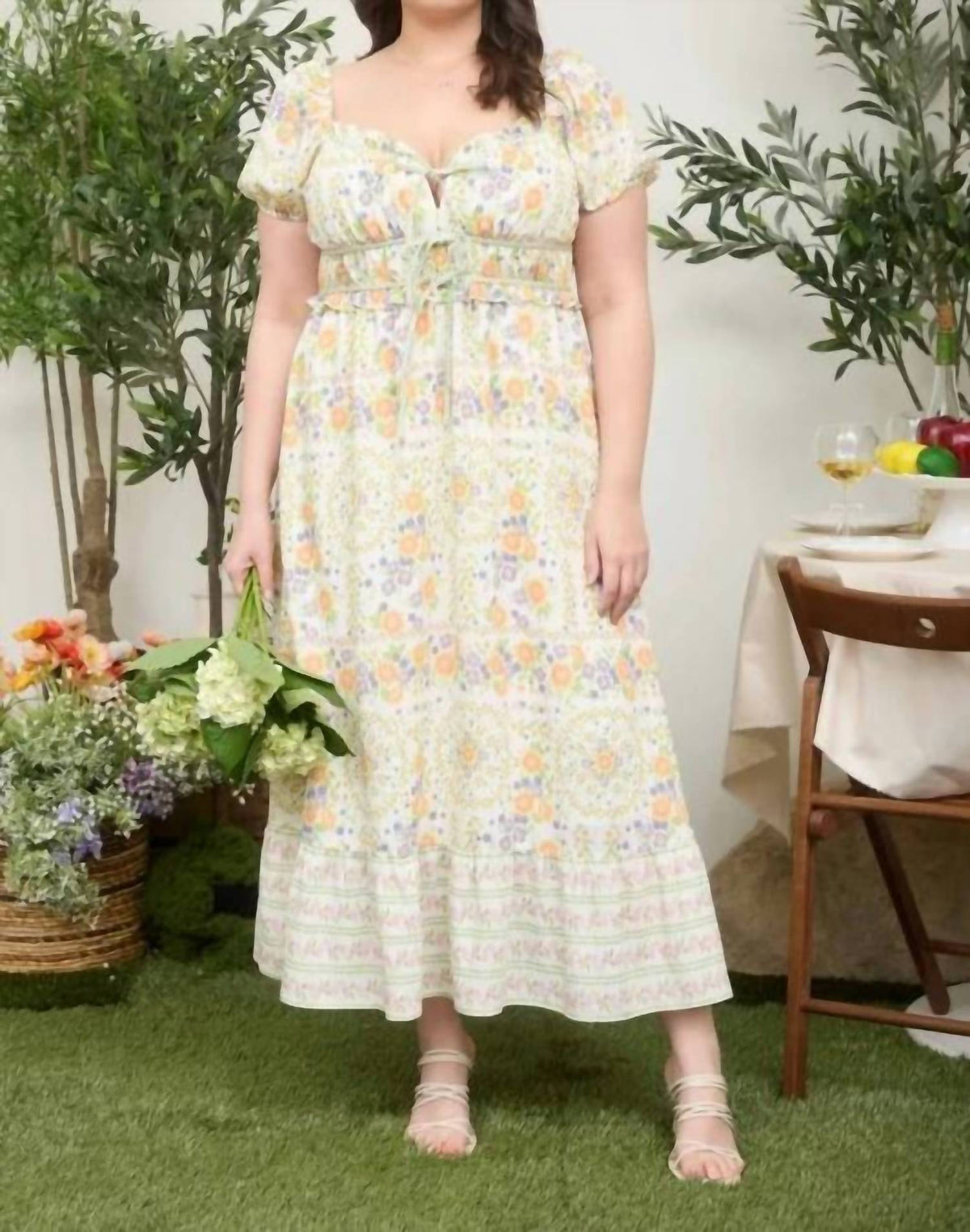 Floral Sweetheart Front Tie Puff Sleeve Midi Dress - Plus