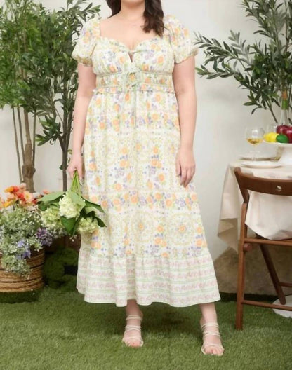 Floral Sweetheart Front Tie Puff Sleeve Midi Dress - Plus