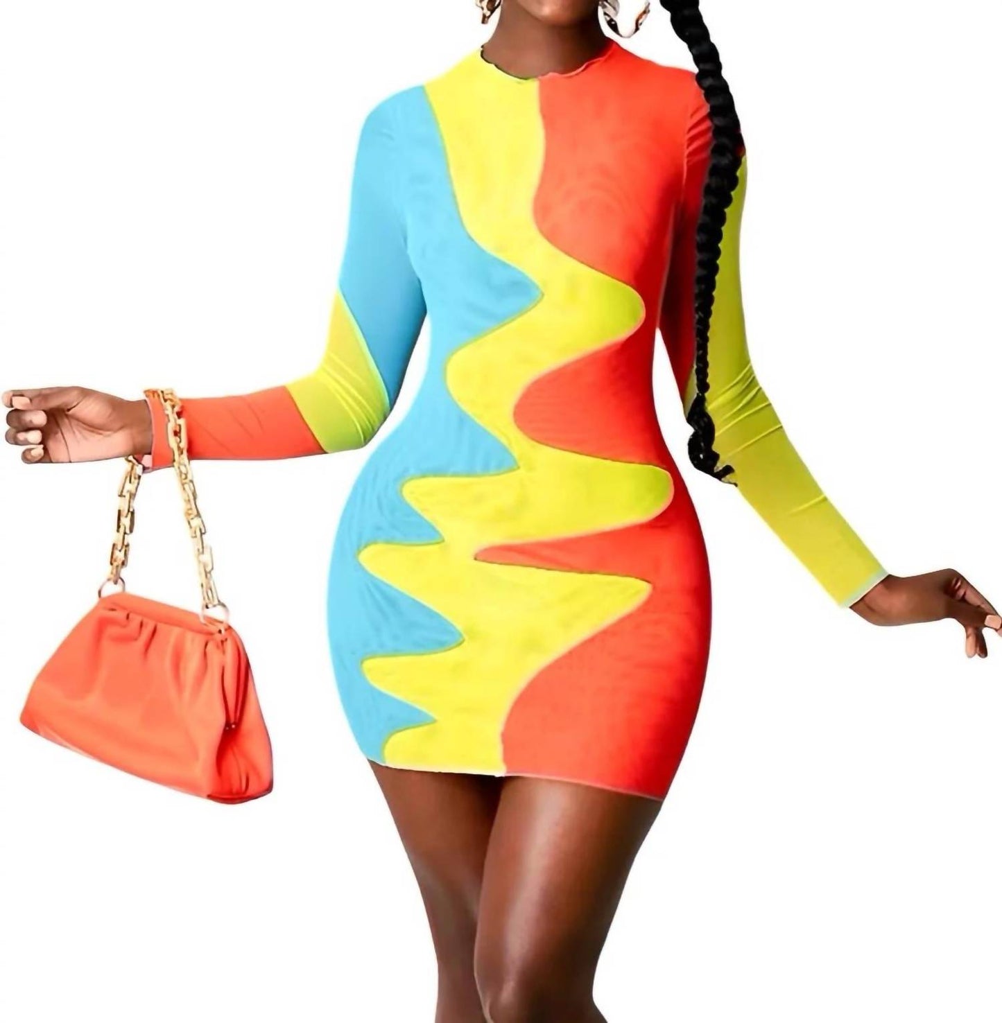 Been It - Color Block Stretch Long Sleeve Mesh Dress