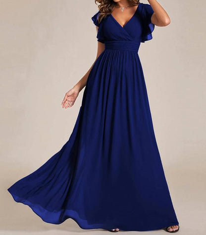 Ruffles Sleeve Back Cutout A-line Maxi Chiffon Bridesmaid Dress