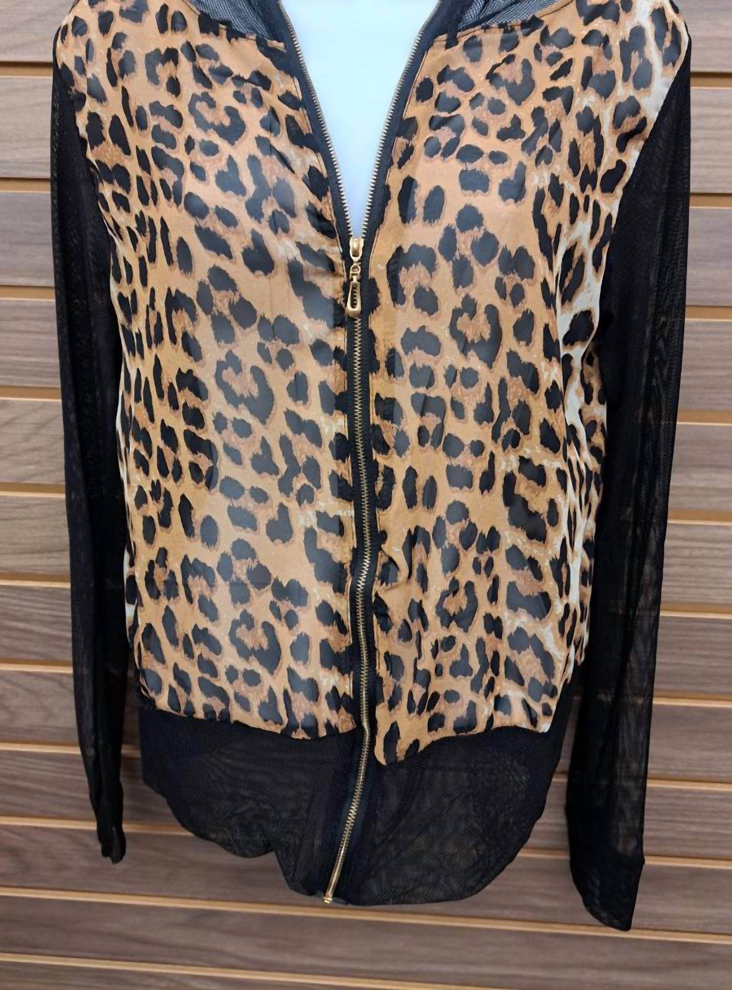 Pinklicious - Women's Leopard Chiffon Black Mesh Zip Up Jacket - Rack Hunt -