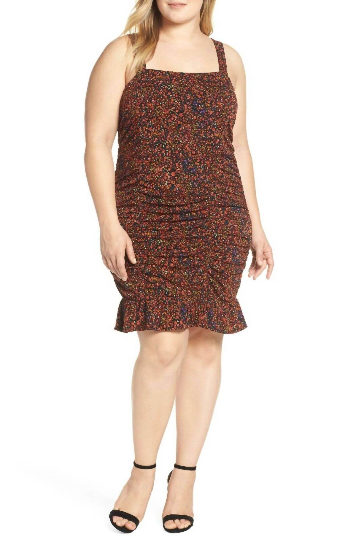 Leith - Plus Size Floral Print Above Knee Ruffle Ruched Strappy Dress - Rack Hunt -