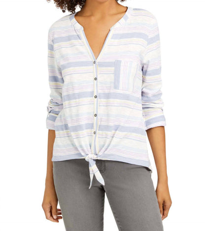 Women's Petite Cotton Striped Tie Front Shirt