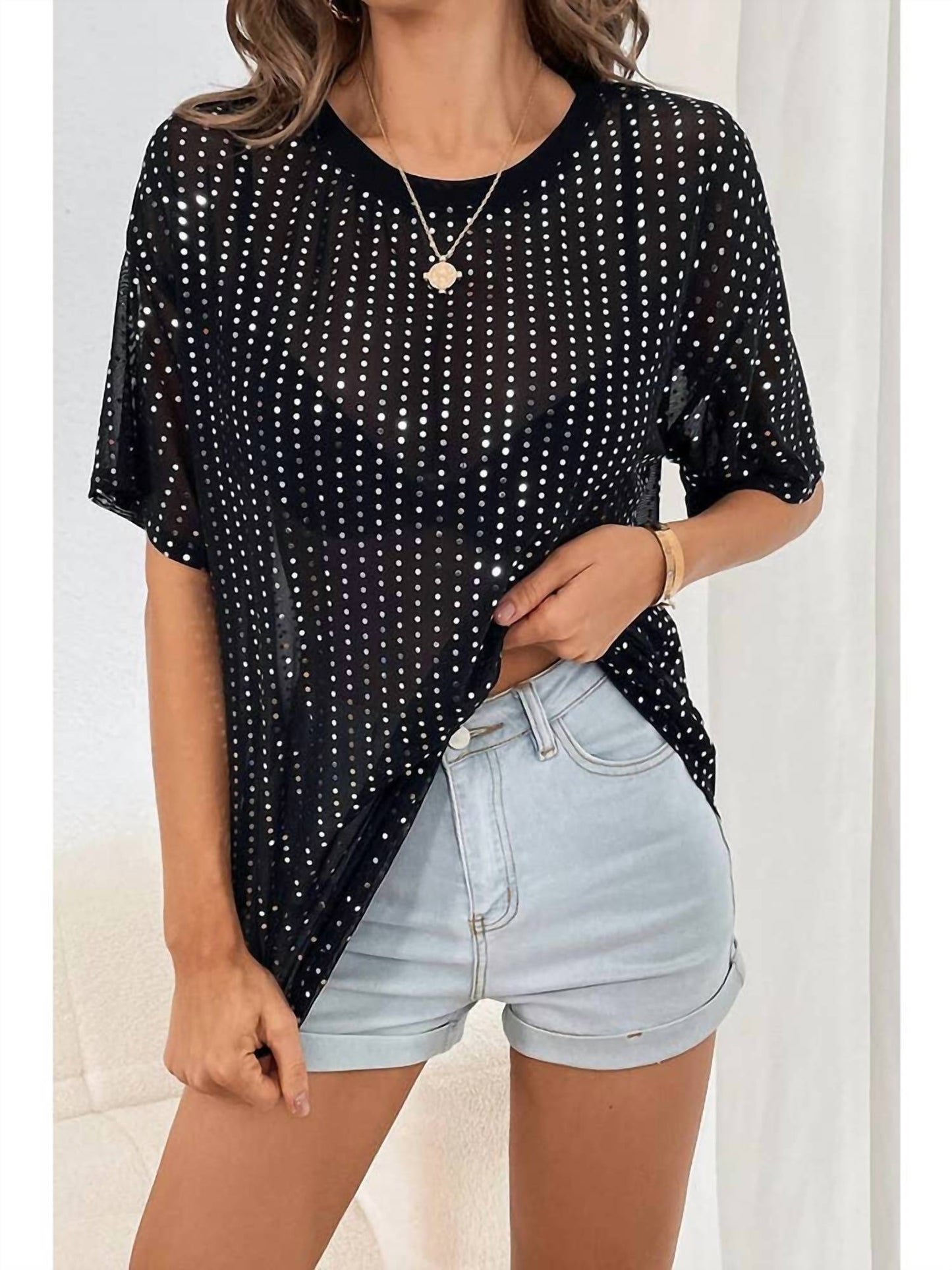 Mesh Casual Short Sleeve Sequin Top