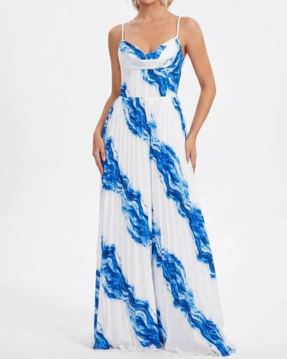 Abstract Print Pleated Maxi Jumpsuit