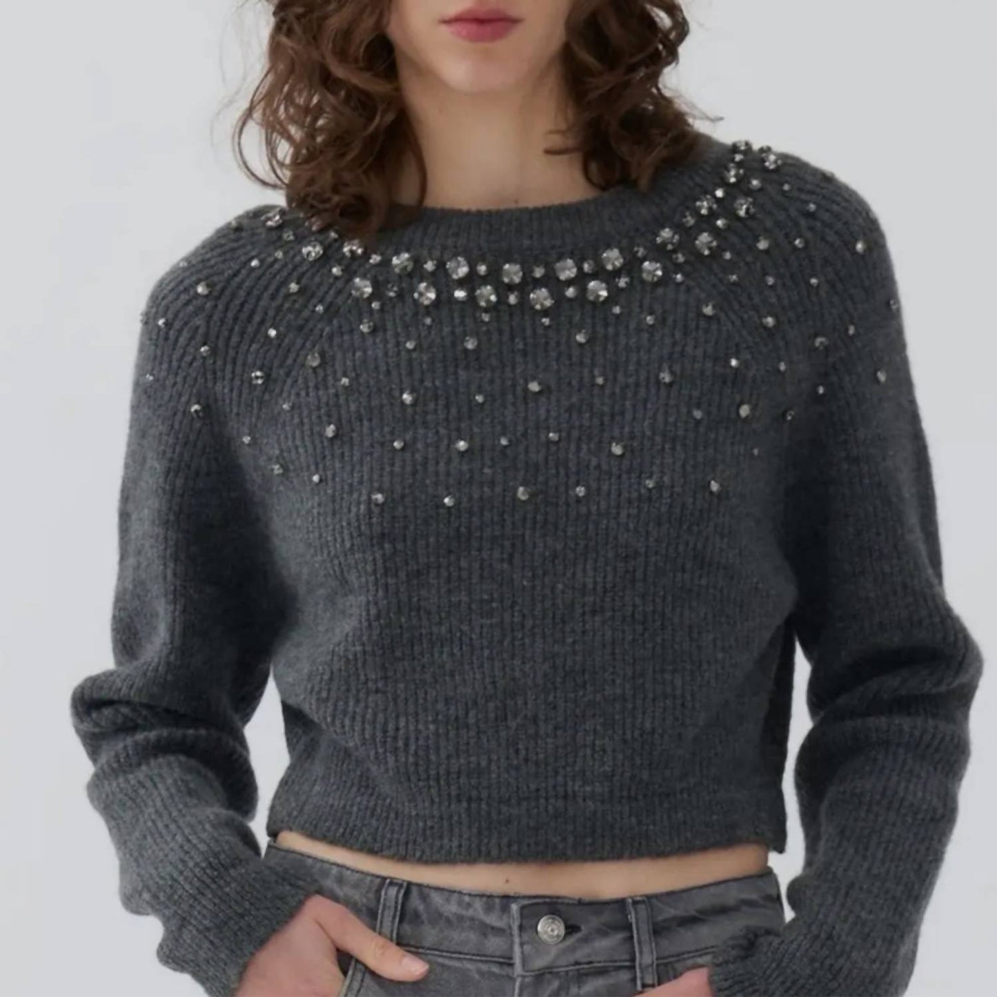 Stone Embellished Crop Sweater