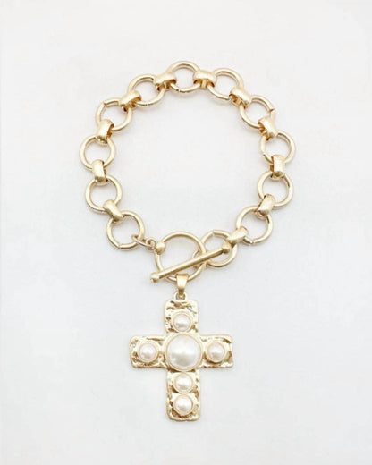 Women's Pearl Cross Charm Toggle Bracelet