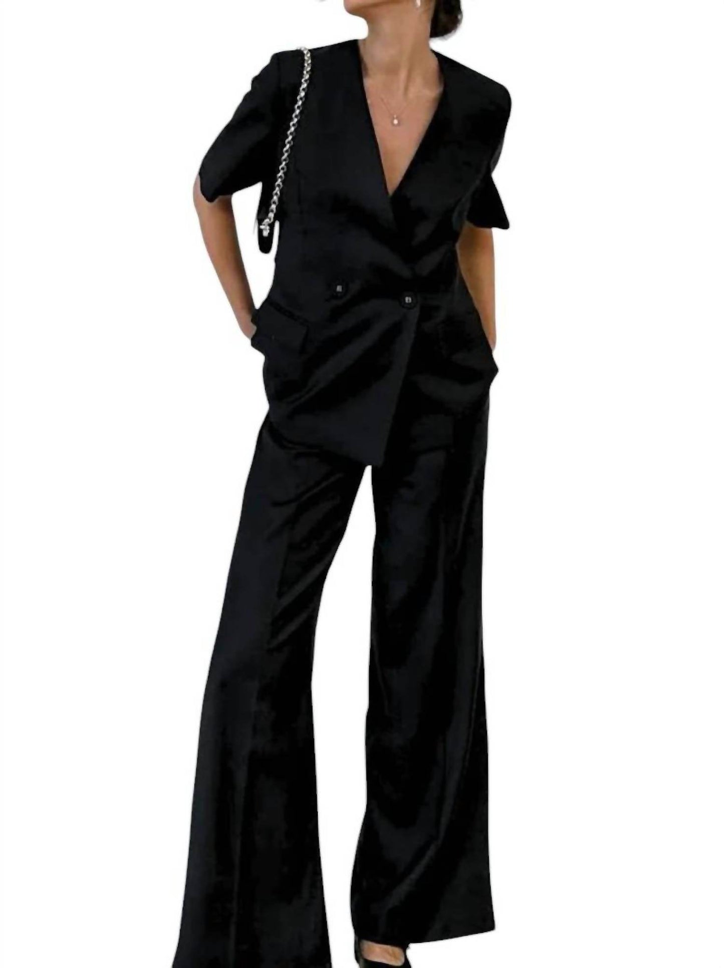 The Cotton Brand - Meredith Double-Breasted Satin Blazer and Pant Set - Rack Hunt -