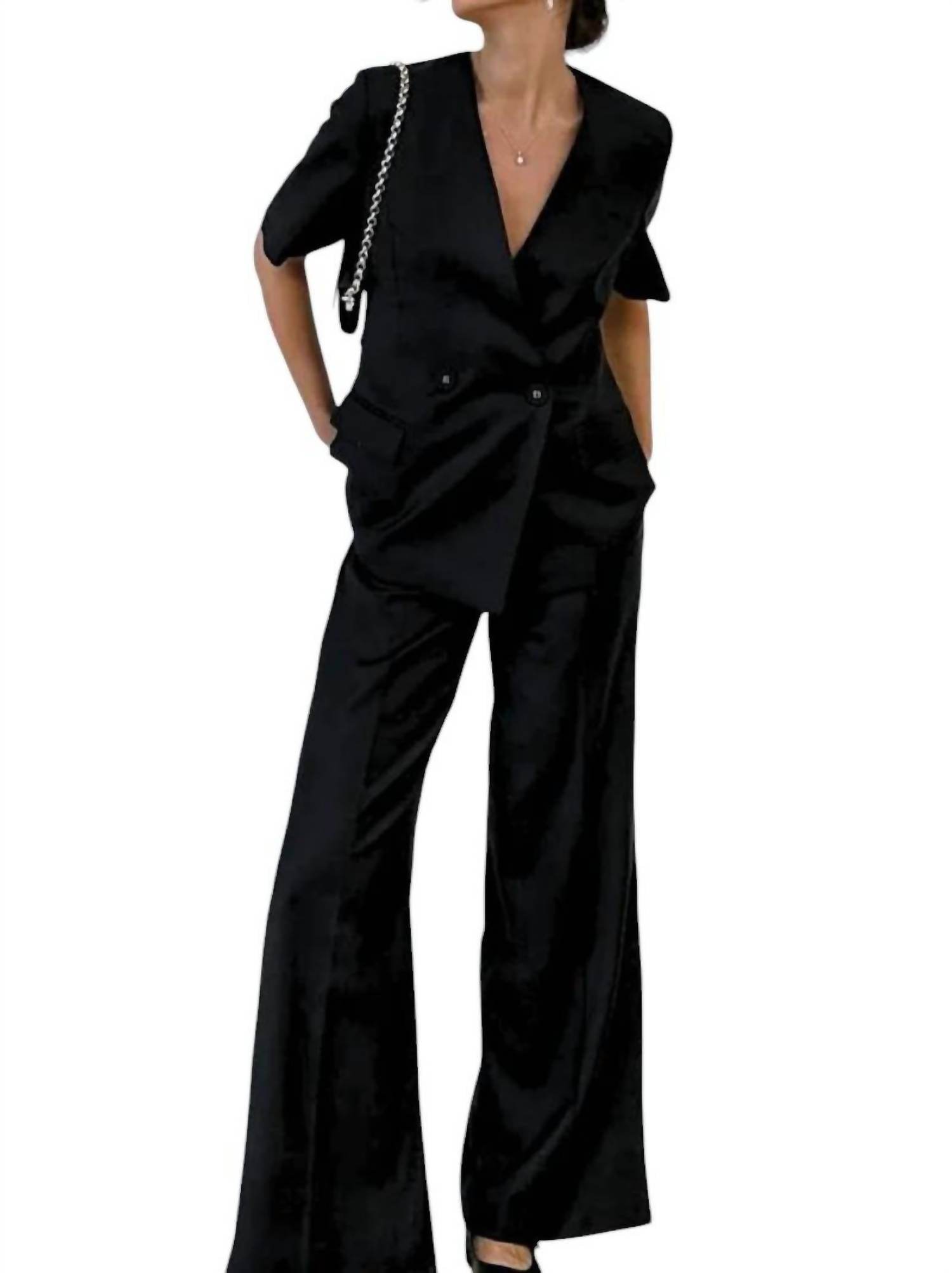 The Cotton Brand - Meredith Double-Breasted Satin Blazer and Pant Set - Rack Hunt -