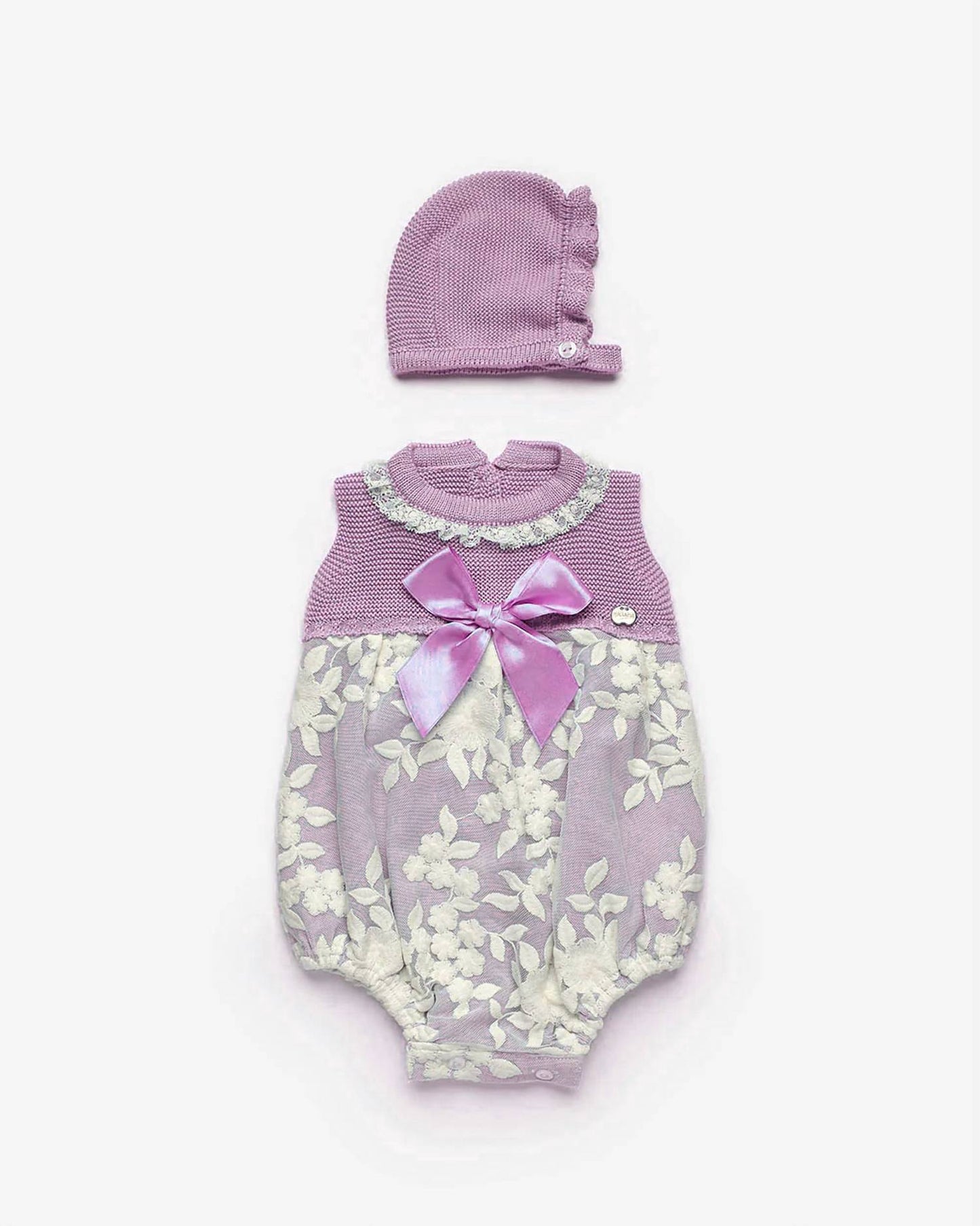 Girl's Knit Front Bow Onesie And Hat Set