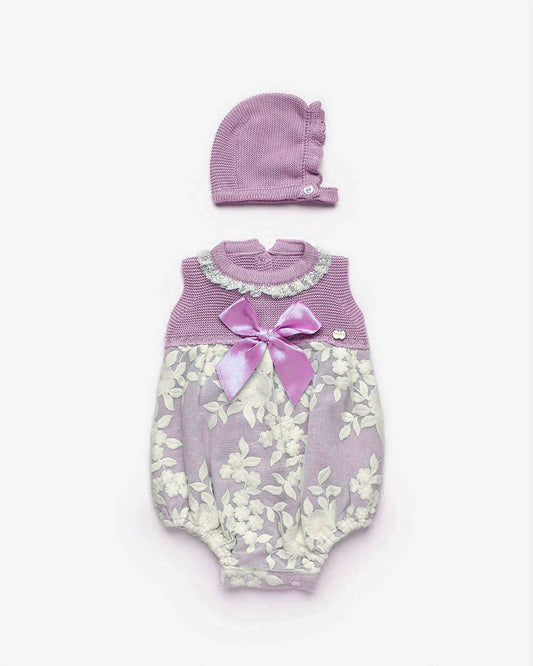Girl's Knit Front Bow Onesie And Hat Set