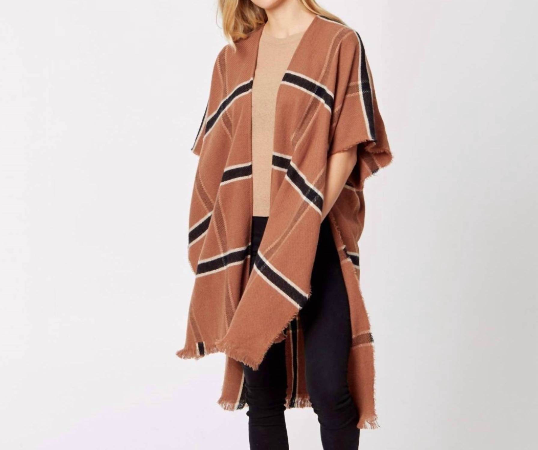 Do Everything in Love - Windowpane Plaid Fringed Kimono - Rack Hunt -
