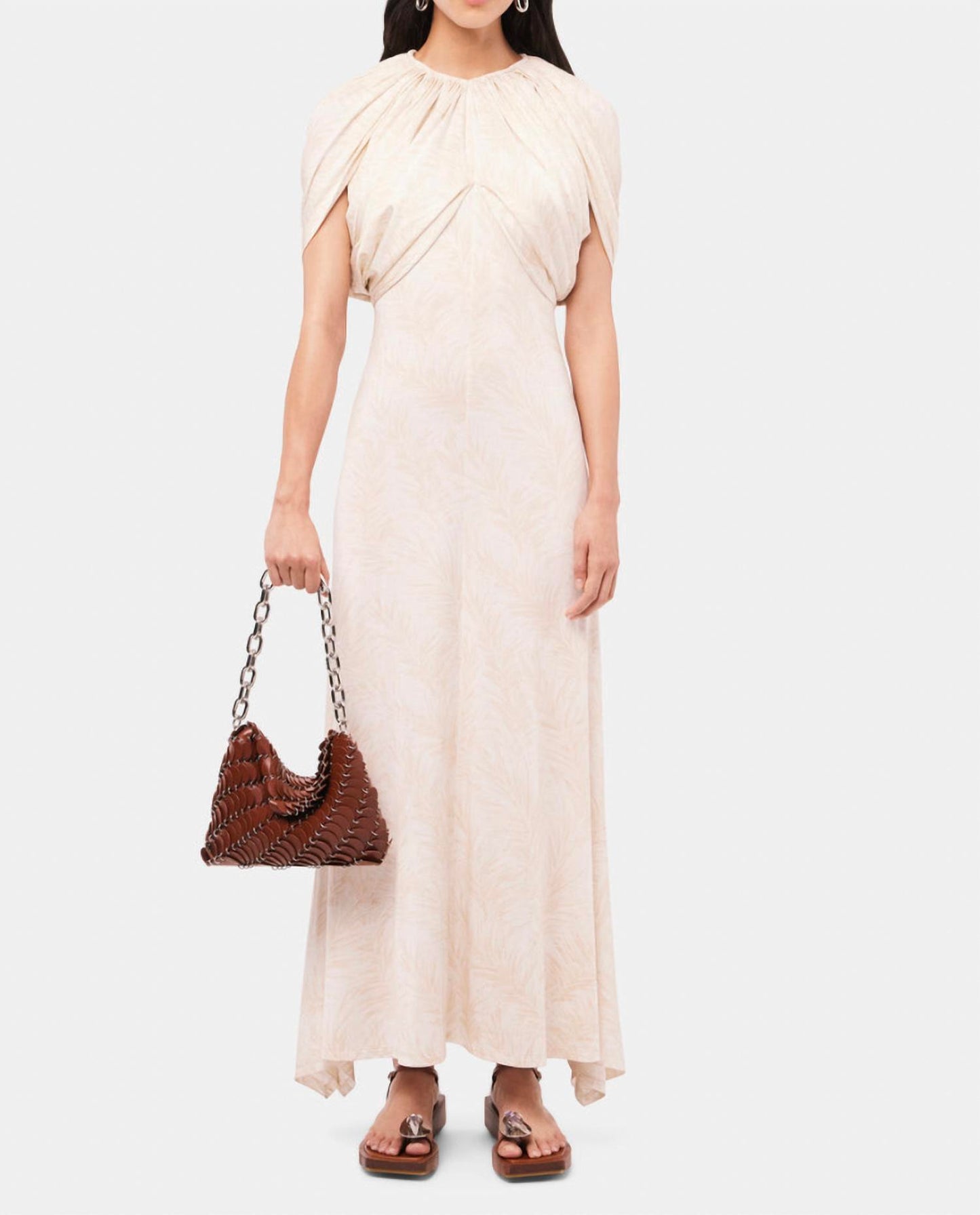 Long Dress with Feather Print and Draping Details