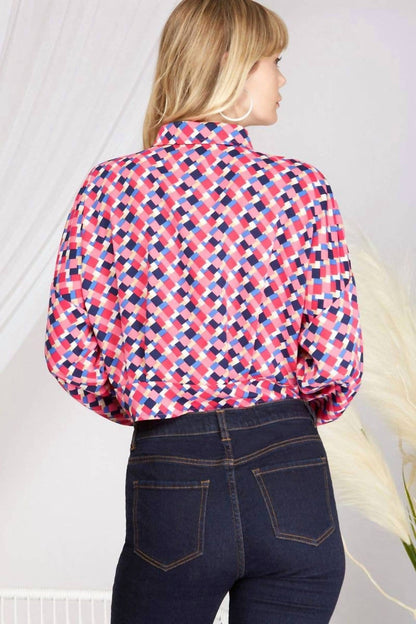 Geo Print Long Sleeves Front-tie Woven Top