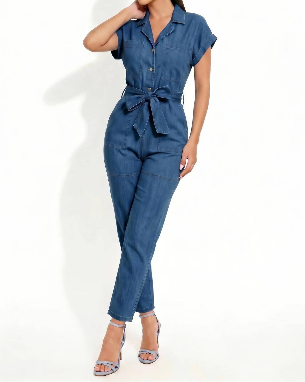 Belted Notch Cuffed Sleeve Jumpsuit
