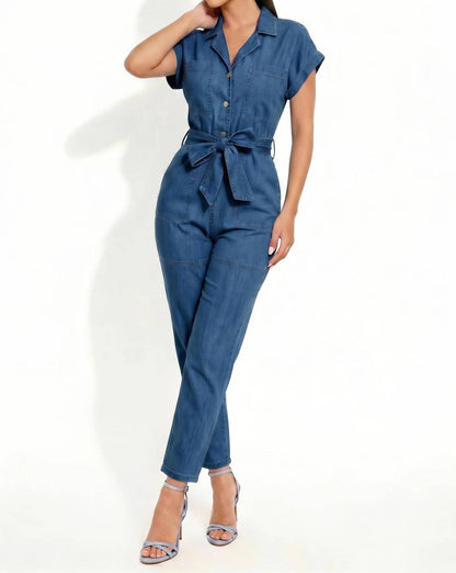 Belted Notch Cuffed Sleeve Jumpsuit
