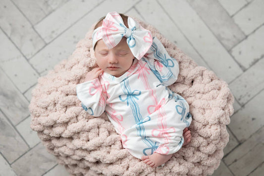 Infant Bow Rows Baby Gown and Bow Headband Set