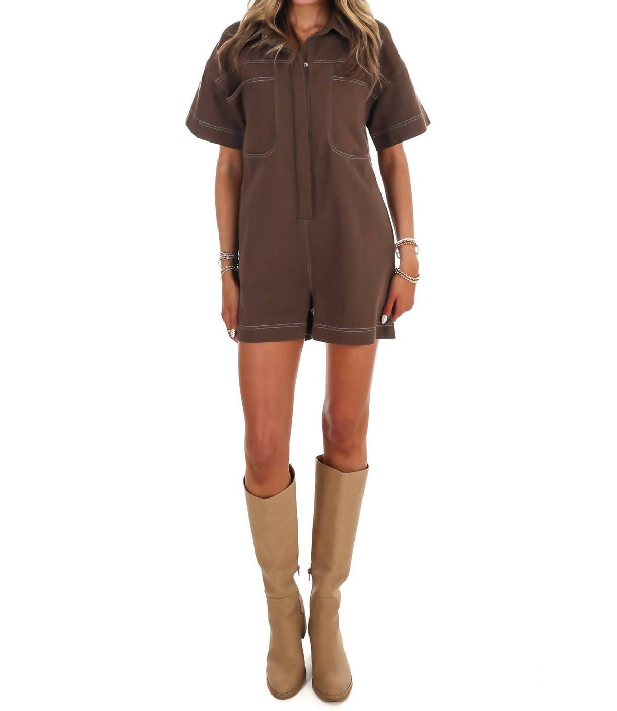 Contrast Stitch Twill Romper