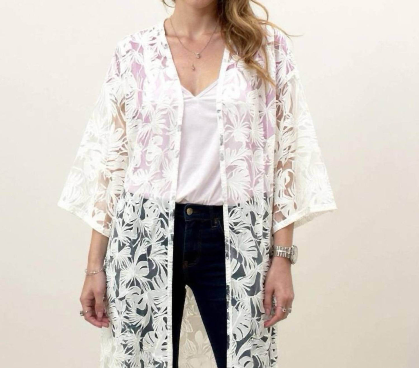 Amber Skies - White Lace Kimono Tropical Leaf Design Resort Wear - Rack Hunt -