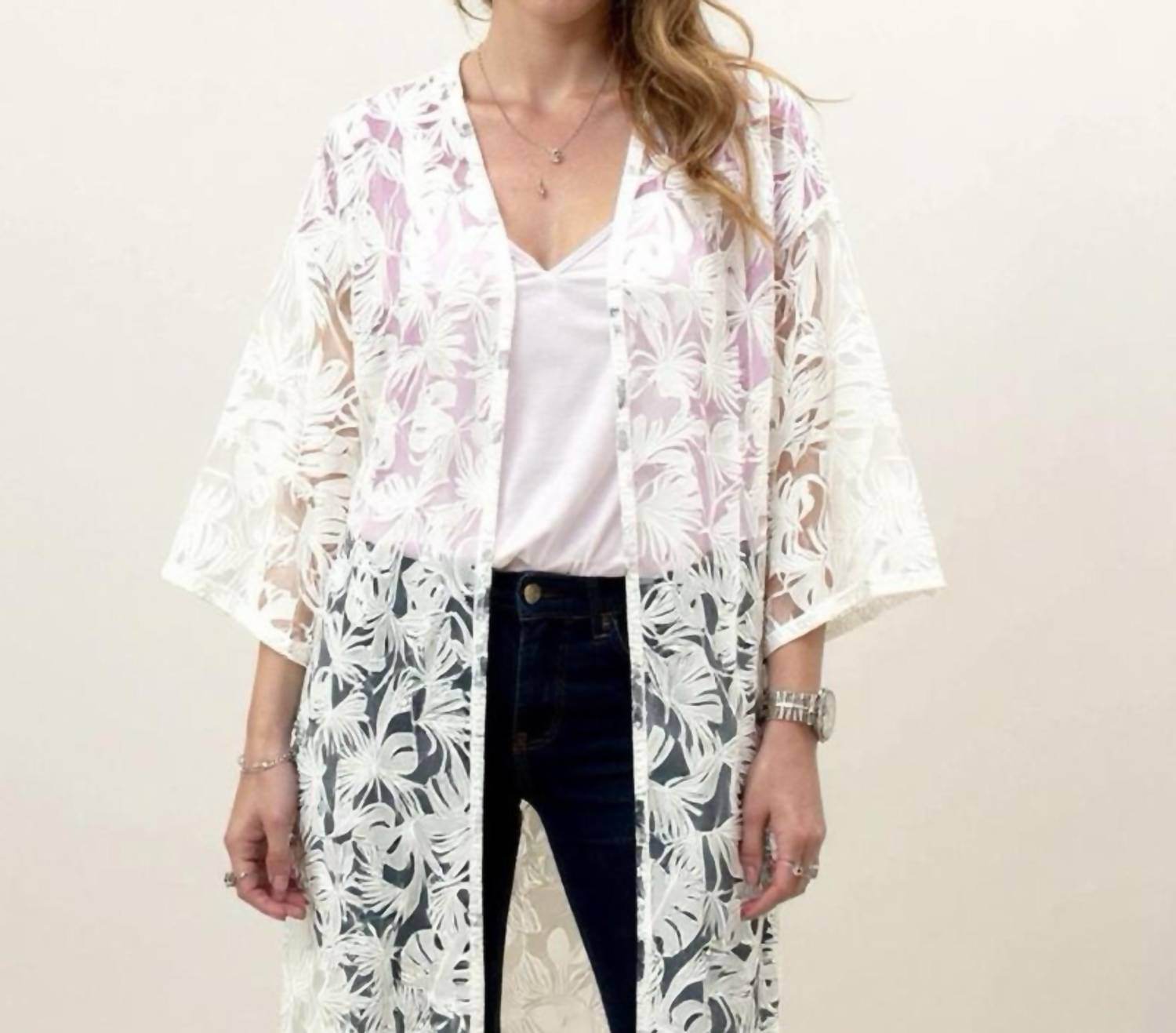 Amber Skies - White Lace Kimono Tropical Leaf Design Resort Wear - Rack Hunt -