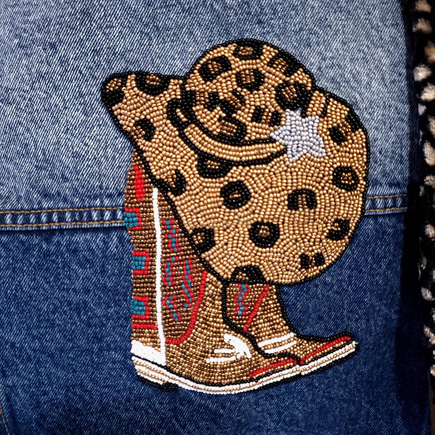 Women's Cowboy Boots And Hat Cropped Denim Jacket