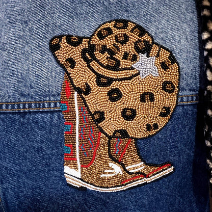 Women's Cowboy Boots And Hat Cropped Denim Jacket