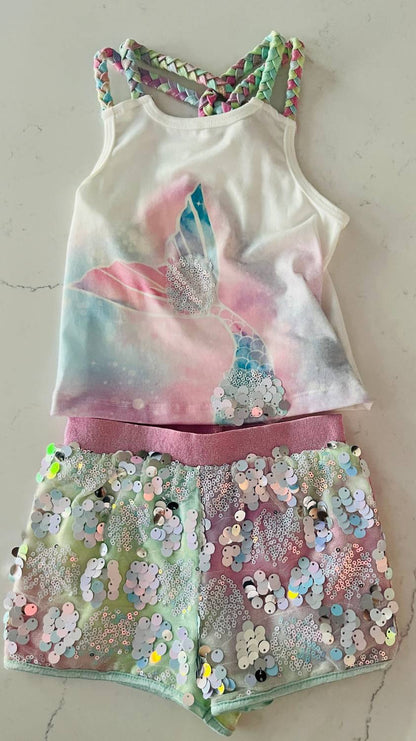 Girls Two-Piece Mermaid Tail Top With Iridescent Shorts