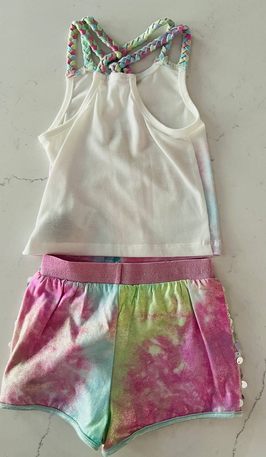 Girls Two-Piece Mermaid Tail Top With Iridescent Shorts