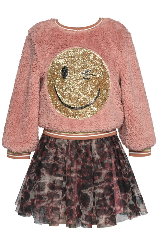 Girls Two-Piece Smiley Face Sweater With Tulle Skirt