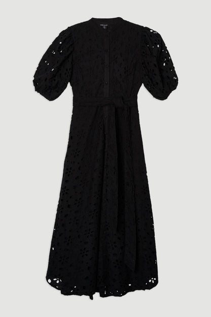 Cotton Broderie Belted Short Sleeve Woven Midi Dress