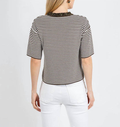 Sequin Neck Stripe Knit Sweater